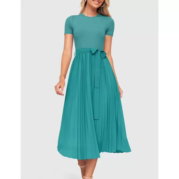 imageZESICA Womens Summer Short Sleeve Midi Dresses Spring Casual Crew Neck Knit Belted Pleated A Line Flowy Wedding Guest DressTurquoise