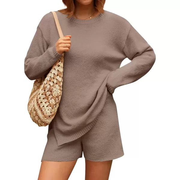 imageZESICA Womens Two Piece Sweater Lounge Sets 2024 Fall Casual Knit Trendy Tunic and Shorts OutfitsCamel