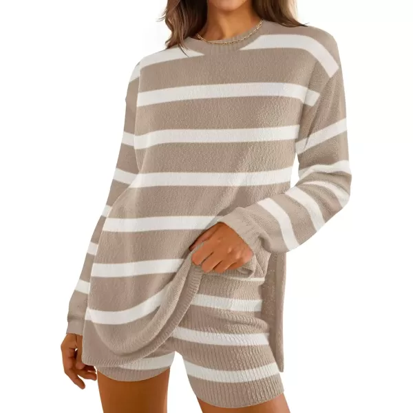 imageZESICA Womens Two Piece Sweater Lounge Sets 2024 Fall Casual Knit Trendy Tunic and Shorts OutfitsKhaki