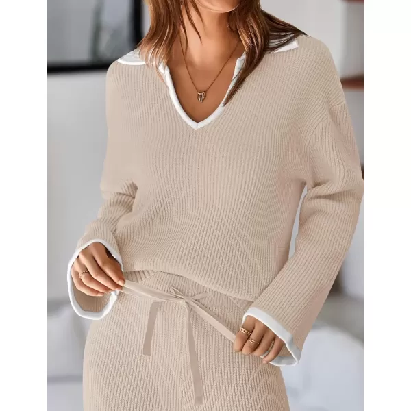 imageZESICA Womens Two Piece Thin Sweater Lounge Sets 2024 Fall Winter Oversized Knit Pullover Wide Leg Pants OutfitsApricot