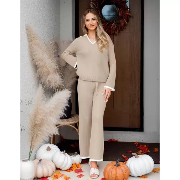 imageZESICA Womens Two Piece Thin Sweater Lounge Sets 2024 Fall Winter Oversized Knit Pullover Wide Leg Pants OutfitsApricot
