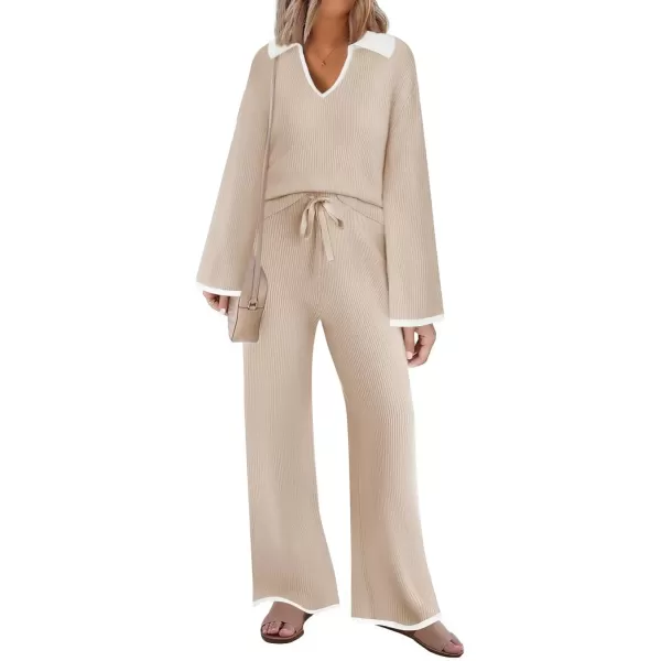 imageZESICA Womens Two Piece Thin Sweater Lounge Sets 2024 Fall Winter Oversized Knit Pullover Wide Leg Pants OutfitsApricot