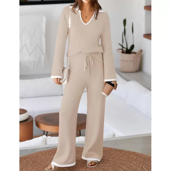 imageZESICA Womens Two Piece Thin Sweater Lounge Sets 2024 Fall Winter Oversized Knit Pullover Wide Leg Pants OutfitsApricot