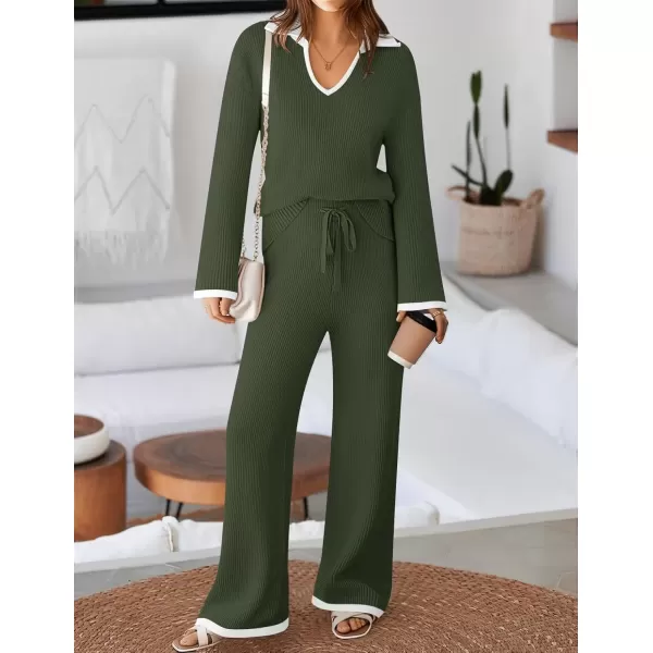 imageZESICA Womens Two Piece Thin Sweater Lounge Sets 2024 Fall Winter Oversized Knit Pullover Wide Leg Pants OutfitsArmygreen