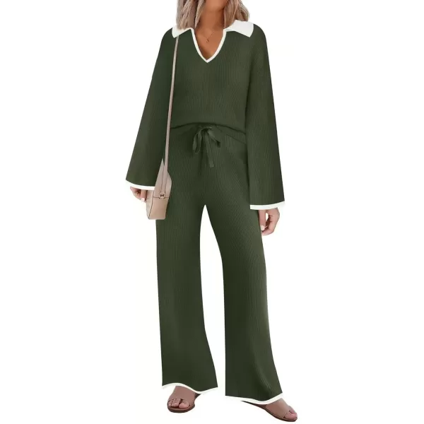 imageZESICA Womens Two Piece Thin Sweater Lounge Sets 2024 Fall Winter Oversized Knit Pullover Wide Leg Pants OutfitsArmygreen