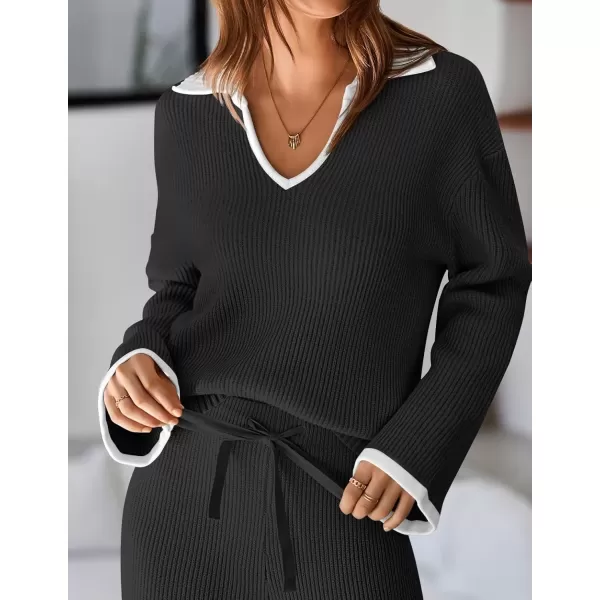 imageZESICA Womens Two Piece Thin Sweater Lounge Sets 2024 Fall Winter Oversized Knit Pullover Wide Leg Pants OutfitsBlack