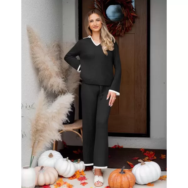 imageZESICA Womens Two Piece Thin Sweater Lounge Sets 2024 Fall Winter Oversized Knit Pullover Wide Leg Pants OutfitsBlack