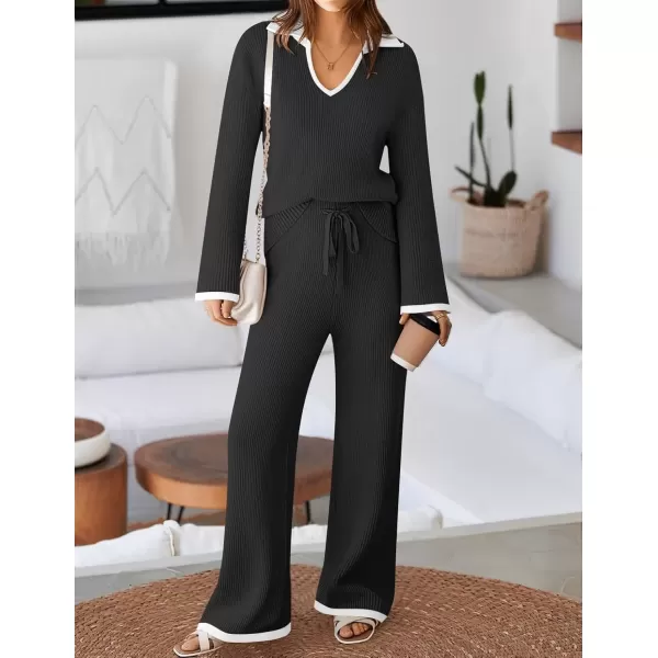 imageZESICA Womens Two Piece Thin Sweater Lounge Sets 2024 Fall Winter Oversized Knit Pullover Wide Leg Pants OutfitsBlack