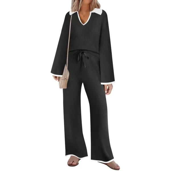 imageZESICA Womens Two Piece Thin Sweater Lounge Sets 2024 Fall Winter Oversized Knit Pullover Wide Leg Pants OutfitsBlack