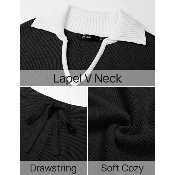 imageZESICA Womens Two Piece Thin Sweater Lounge Sets 2024 Fall Winter Oversized Knit Pullover Wide Leg Pants OutfitsBlack