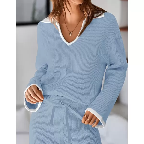 imageZESICA Womens Two Piece Thin Sweater Lounge Sets 2024 Fall Winter Oversized Knit Pullover Wide Leg Pants OutfitsDustyblue
