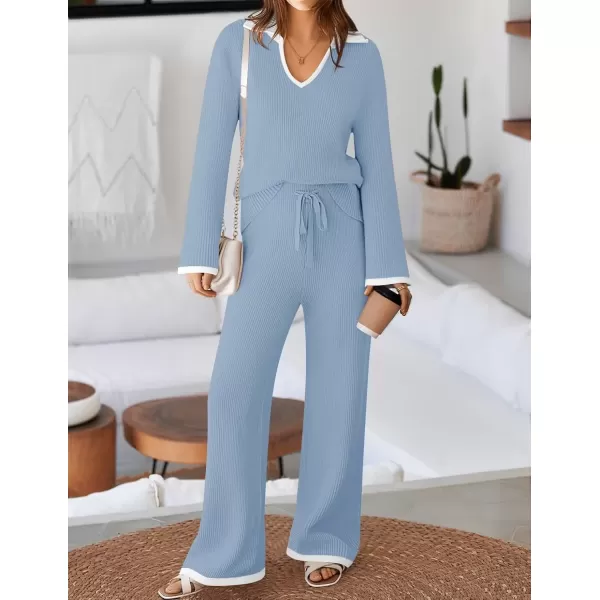 imageZESICA Womens Two Piece Thin Sweater Lounge Sets 2024 Fall Winter Oversized Knit Pullover Wide Leg Pants OutfitsDustyblue