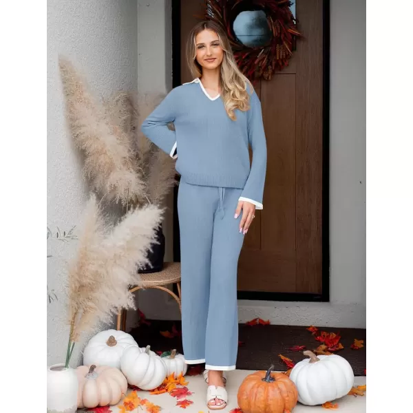 imageZESICA Womens Two Piece Thin Sweater Lounge Sets 2024 Fall Winter Oversized Knit Pullover Wide Leg Pants OutfitsDustyblue