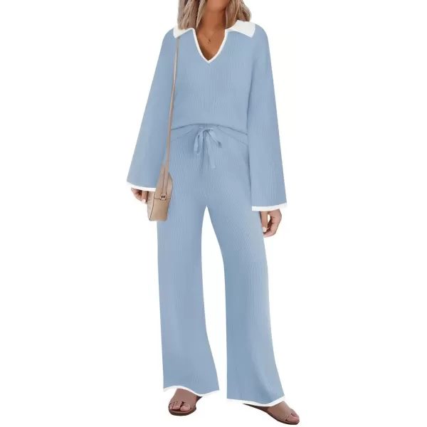 imageZESICA Womens Two Piece Thin Sweater Lounge Sets 2024 Fall Winter Oversized Knit Pullover Wide Leg Pants OutfitsDustyblue