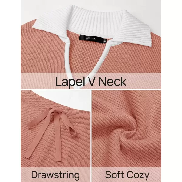 imageZESICA Womens Two Piece Thin Sweater Lounge Sets 2024 Fall Winter Oversized Knit Pullover Wide Leg Pants OutfitsGrapefruit