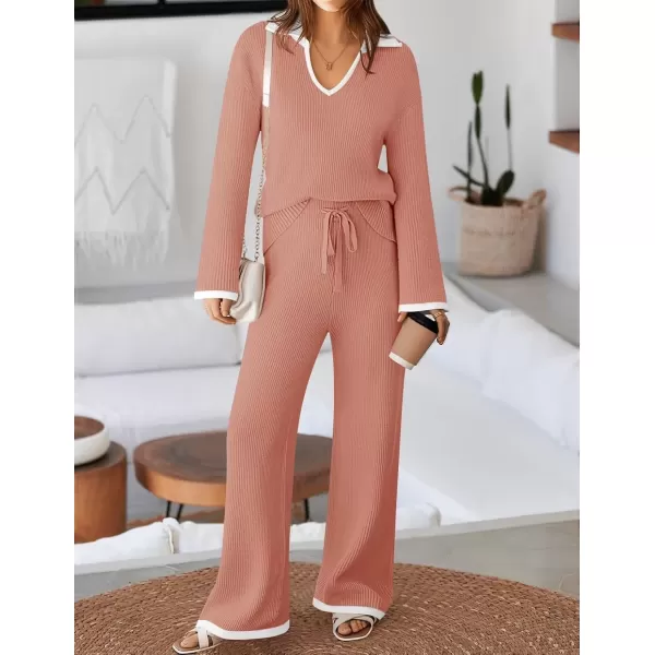 imageZESICA Womens Two Piece Thin Sweater Lounge Sets 2024 Fall Winter Oversized Knit Pullover Wide Leg Pants OutfitsGrapefruit