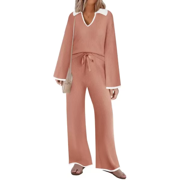 imageZESICA Womens Two Piece Thin Sweater Lounge Sets 2024 Fall Winter Oversized Knit Pullover Wide Leg Pants OutfitsGrapefruit