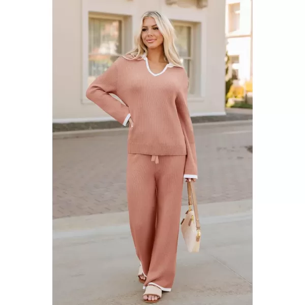 imageZESICA Womens Two Piece Thin Sweater Lounge Sets 2024 Fall Winter Oversized Knit Pullover Wide Leg Pants OutfitsGrapefruit