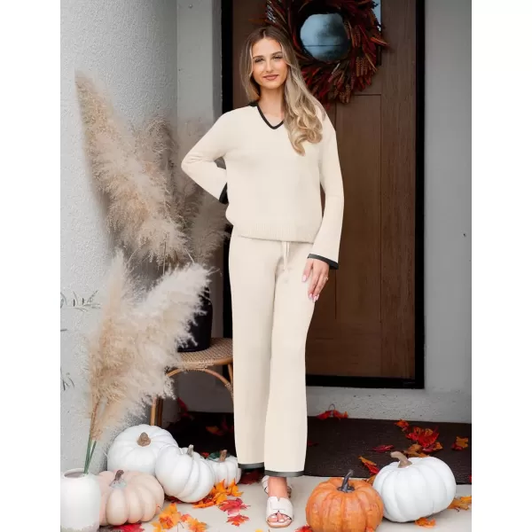 imageZESICA Womens Two Piece Thin Sweater Lounge Sets 2024 Fall Winter Oversized Knit Pullover Wide Leg Pants OutfitsIvory