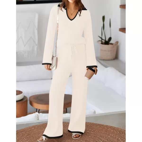imageZESICA Womens Two Piece Thin Sweater Lounge Sets 2024 Fall Winter Oversized Knit Pullover Wide Leg Pants OutfitsIvory
