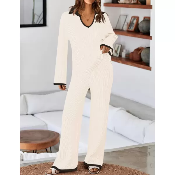 imageZESICA Womens Two Piece Thin Sweater Lounge Sets 2024 Fall Winter Oversized Knit Pullover Wide Leg Pants OutfitsIvory
