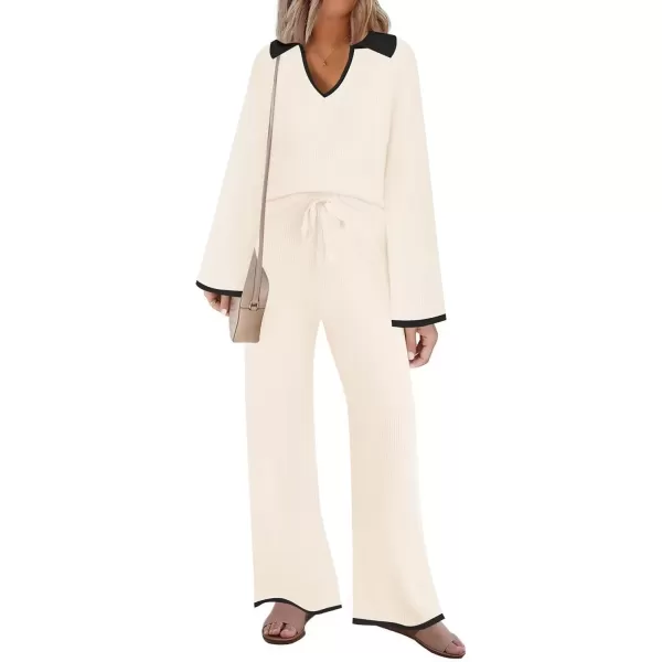 imageZESICA Womens Two Piece Thin Sweater Lounge Sets 2024 Fall Winter Oversized Knit Pullover Wide Leg Pants OutfitsIvory