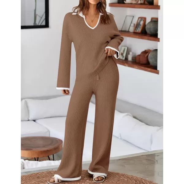 imageZESICA Womens Two Piece Thin Sweater Lounge Sets 2024 Fall Winter Oversized Knit Pullover Wide Leg Pants OutfitsKhaki