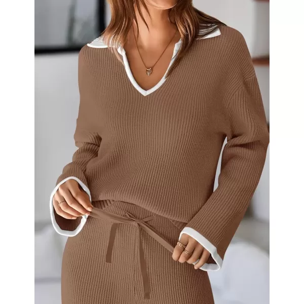 imageZESICA Womens Two Piece Thin Sweater Lounge Sets 2024 Fall Winter Oversized Knit Pullover Wide Leg Pants OutfitsKhaki