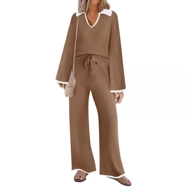 imageZESICA Womens Two Piece Thin Sweater Lounge Sets 2024 Fall Winter Oversized Knit Pullover Wide Leg Pants OutfitsKhaki