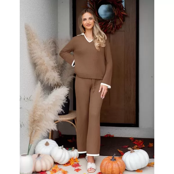imageZESICA Womens Two Piece Thin Sweater Lounge Sets 2024 Fall Winter Oversized Knit Pullover Wide Leg Pants OutfitsKhaki