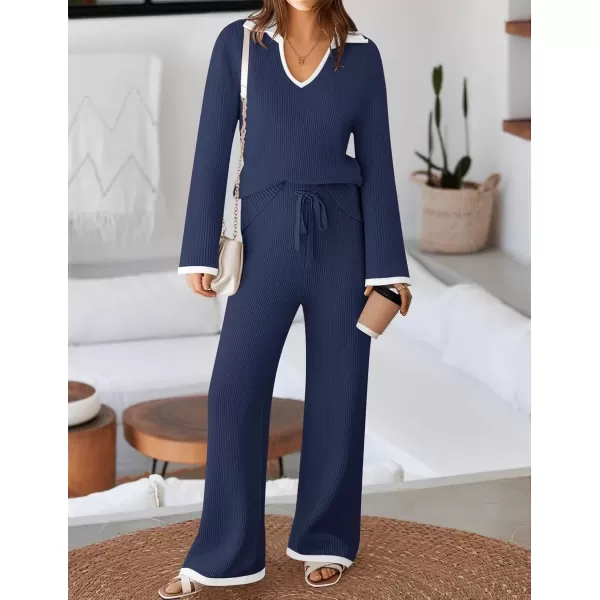 imageZESICA Womens Two Piece Thin Sweater Lounge Sets 2024 Fall Winter Oversized Knit Pullover Wide Leg Pants OutfitsNavy