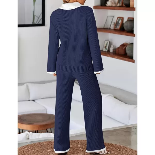 imageZESICA Womens Two Piece Thin Sweater Lounge Sets 2024 Fall Winter Oversized Knit Pullover Wide Leg Pants OutfitsNavy