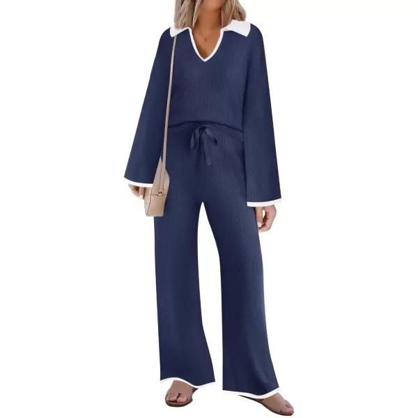 imageZESICA Womens Two Piece Thin Sweater Lounge Sets 2024 Fall Winter Oversized Knit Pullover Wide Leg Pants OutfitsNavy