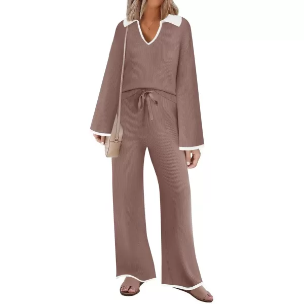 imageZESICA Womens Two Piece Thin Sweater Lounge Sets 2024 Fall Winter Oversized Knit Pullover Wide Leg Pants OutfitsNutmeg