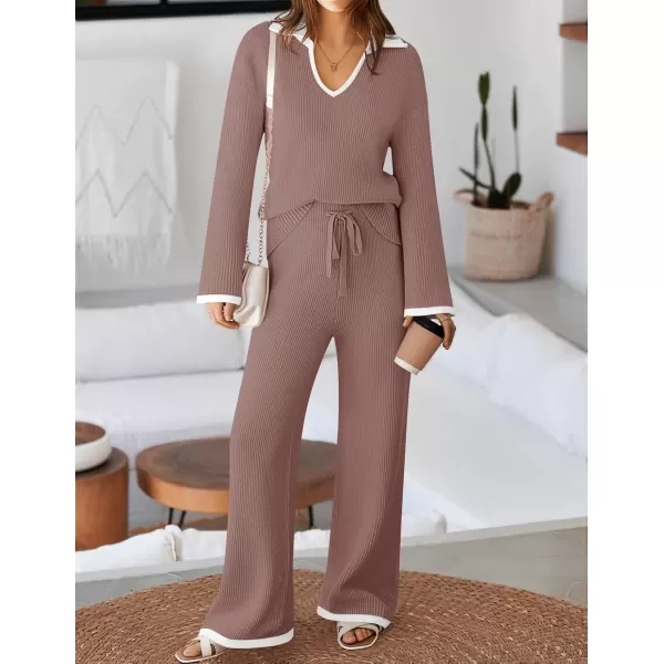 imageZESICA Womens Two Piece Thin Sweater Lounge Sets 2024 Fall Winter Oversized Knit Pullover Wide Leg Pants OutfitsNutmeg