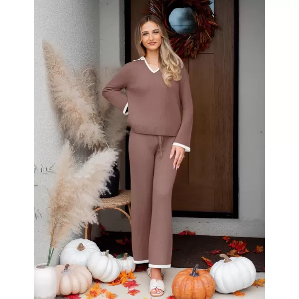imageZESICA Womens Two Piece Thin Sweater Lounge Sets 2024 Fall Winter Oversized Knit Pullover Wide Leg Pants OutfitsNutmeg