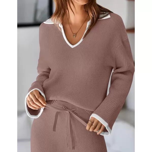 imageZESICA Womens Two Piece Thin Sweater Lounge Sets 2024 Fall Winter Oversized Knit Pullover Wide Leg Pants OutfitsNutmeg