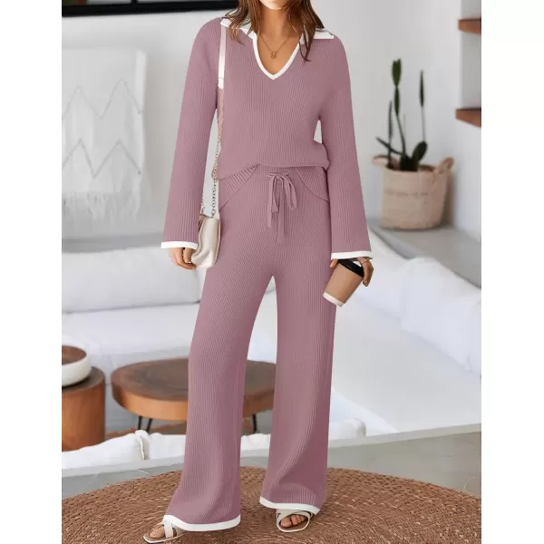 imageZESICA Womens Two Piece Thin Sweater Lounge Sets 2024 Fall Winter Oversized Knit Pullover Wide Leg Pants OutfitsPurple