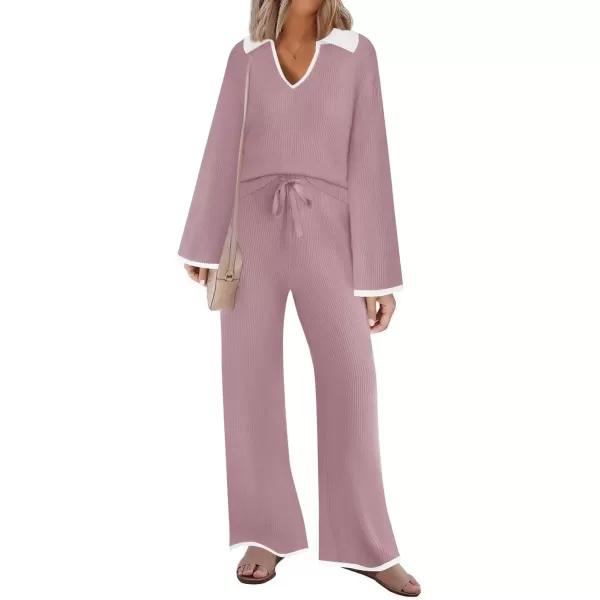 imageZESICA Womens Two Piece Thin Sweater Lounge Sets 2024 Fall Winter Oversized Knit Pullover Wide Leg Pants OutfitsPurple