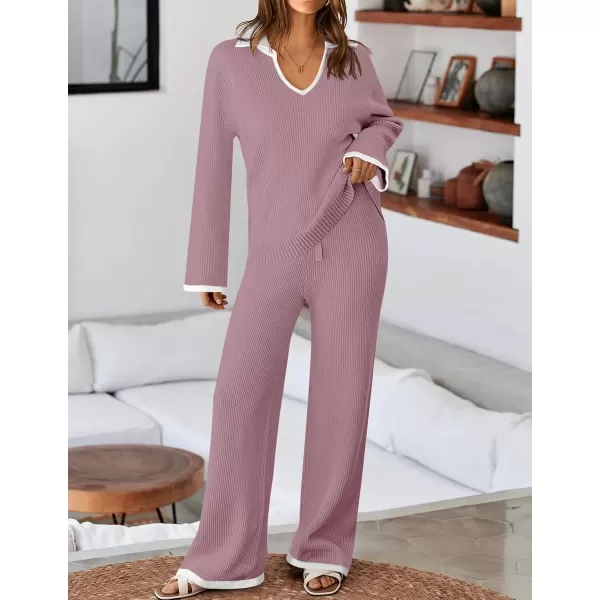 imageZESICA Womens Two Piece Thin Sweater Lounge Sets 2024 Fall Winter Oversized Knit Pullover Wide Leg Pants OutfitsPurple