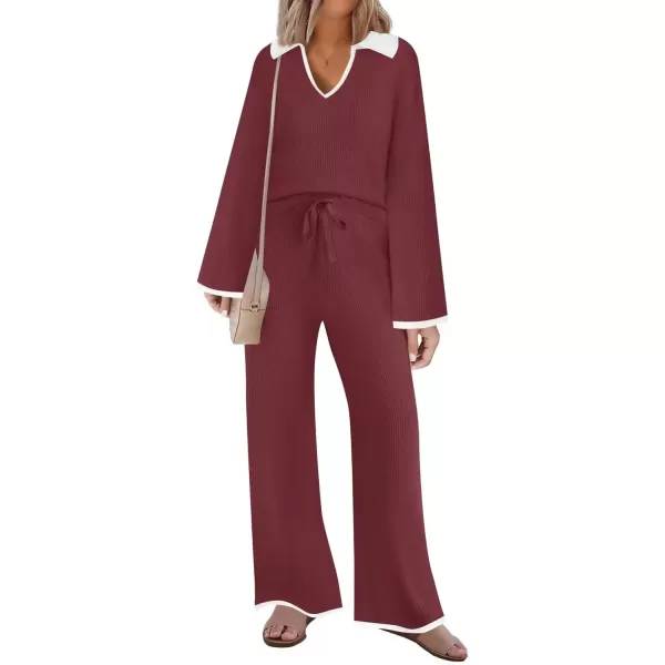 imageZESICA Womens Two Piece Thin Sweater Lounge Sets 2024 Fall Winter Oversized Knit Pullover Wide Leg Pants OutfitsWine