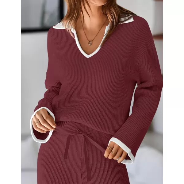 imageZESICA Womens Two Piece Thin Sweater Lounge Sets 2024 Fall Winter Oversized Knit Pullover Wide Leg Pants OutfitsWine
