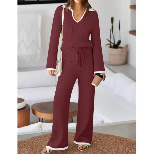 imageZESICA Womens Two Piece Thin Sweater Lounge Sets 2024 Fall Winter Oversized Knit Pullover Wide Leg Pants OutfitsWine