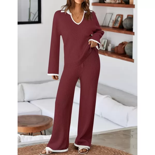 imageZESICA Womens Two Piece Thin Sweater Lounge Sets 2024 Fall Winter Oversized Knit Pullover Wide Leg Pants OutfitsWine