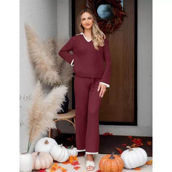 imageZESICA Womens Two Piece Thin Sweater Lounge Sets 2024 Fall Winter Oversized Knit Pullover Wide Leg Pants OutfitsWine