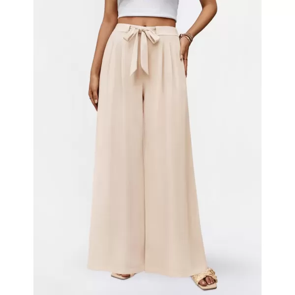 imageZESICA Womens 2024 Fall Knit Wide Leg Pants High Waist Adjustable Knot Loose Casual Flowy Long Trousers with PocketsApricot