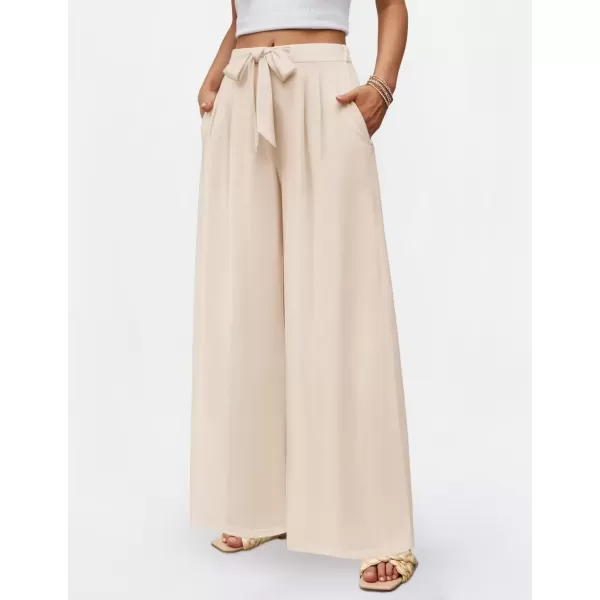 imageZESICA Womens 2024 Fall Knit Wide Leg Pants High Waist Adjustable Knot Loose Casual Flowy Long Trousers with PocketsApricot