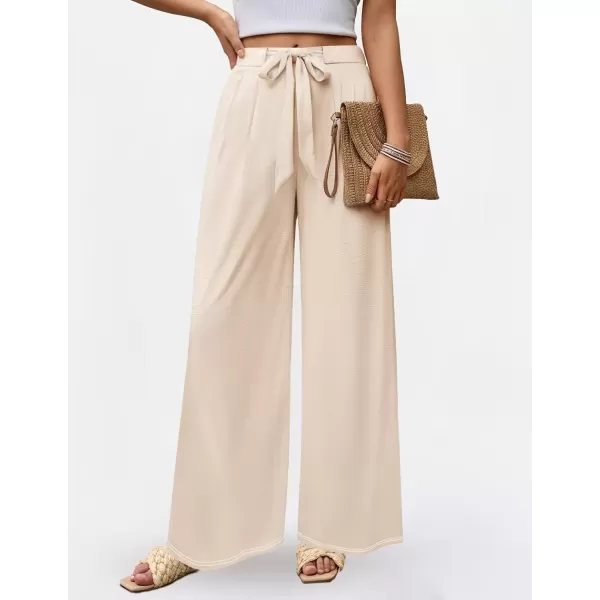 imageZESICA Womens 2024 Fall Knit Wide Leg Pants High Waist Adjustable Knot Loose Casual Flowy Long Trousers with PocketsApricot