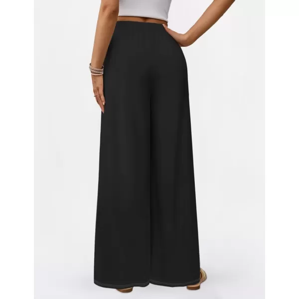 imageZESICA Womens 2024 Fall Knit Wide Leg Pants High Waist Adjustable Knot Loose Casual Flowy Long Trousers with PocketsBlack