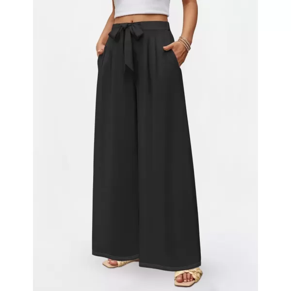 imageZESICA Womens 2024 Fall Knit Wide Leg Pants High Waist Adjustable Knot Loose Casual Flowy Long Trousers with PocketsBlack